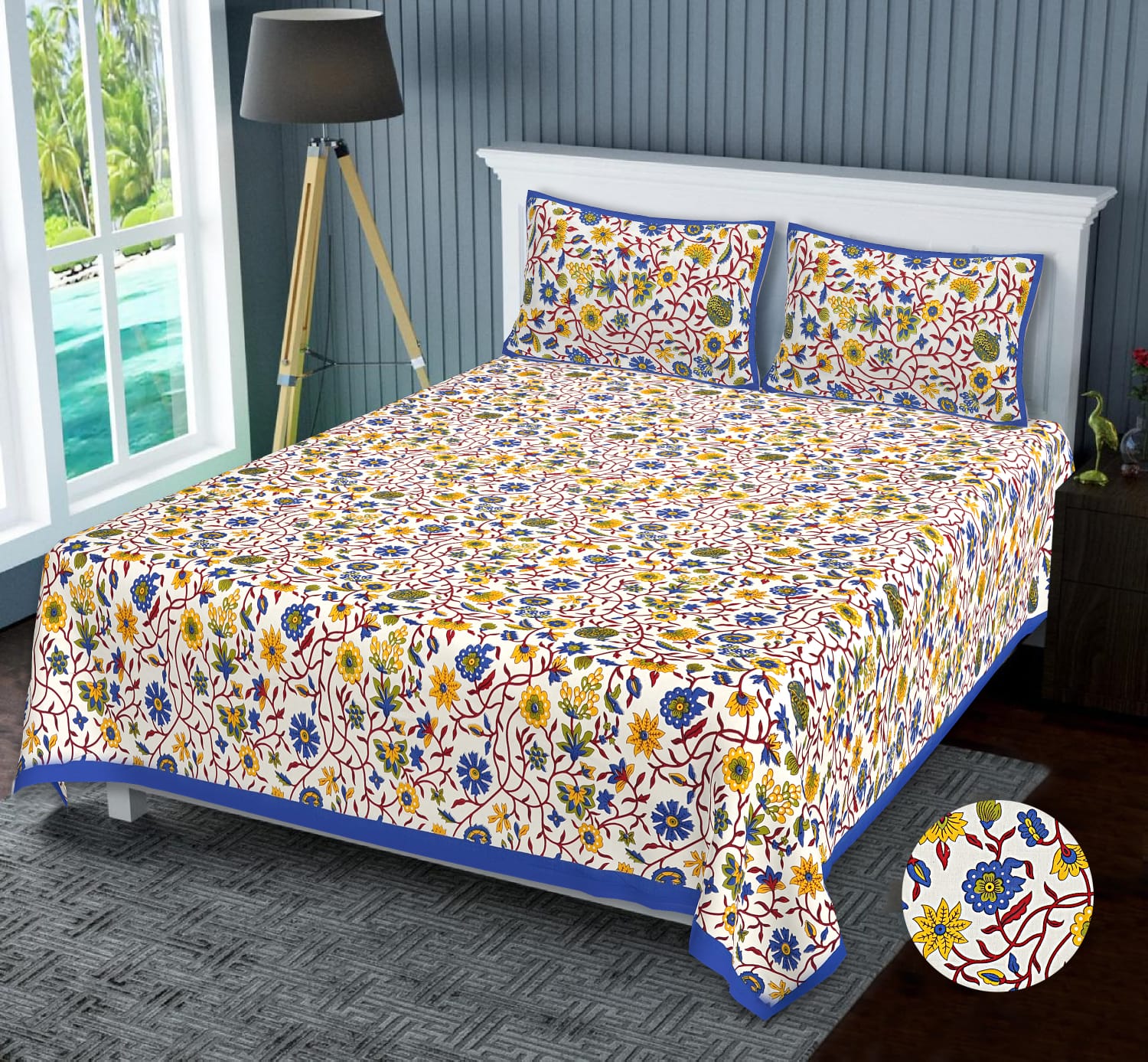 Niruva Blue and Yellow Jaipuri Floral Creeper Cotton Double Bedsheet With 2 Pillow Covers